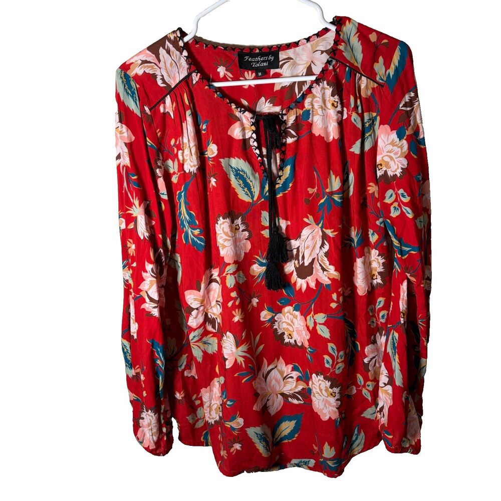Feathers by Tolani Blouse Women's Medium Red Floral V-Neck Tassel Boho Top